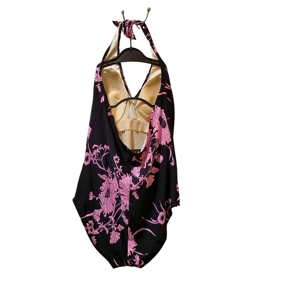 Venezia Lane Bryant Black Pink Floral Halter Top One-Piece Swimsuit Size 22W - Picture 2 of 4